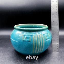 Zanesville Pottery Aqua #103 Greek Key Pot Glossy Glaze Arts & Crafts 1930s Blue