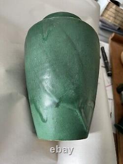 Zanesville Pottery Arts & Crafts Matte Green Vase Vintage # 102 Embossed Leaf