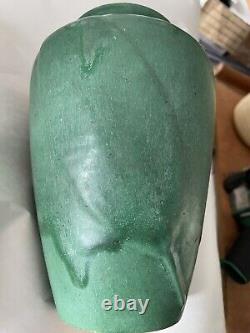 Zanesville Pottery Arts & Crafts Matte Green Vase Vintage # 102 Embossed Leaf