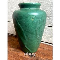 Zanesville Pottery Arts and Crafts tobacco leaf stoneware vase matte green glaze
