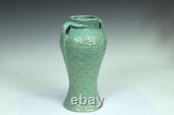 Zanesville Pottery Vase Rubble Ware Stoneware Arts & Crafts Aqua Green 10.5