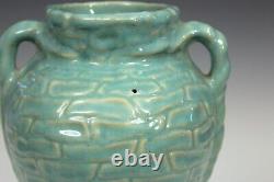 Zanesville Pottery Vase Rubble Ware Stoneware Arts & Crafts Aqua Green 10.5