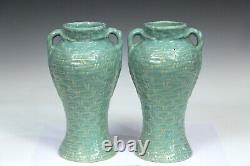 Zanesville Pottery Vase Rubble Ware Stoneware Arts & Crafts Aqua Green 10.5