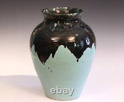 Zanesville Pottery Vintage Vase Arts & Crafts Hand Turned Aqua Drip #108 15x11