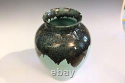 Zanesville Pottery Vintage Vase Arts & Crafts Hand Turned Aqua Drip #108 15x11