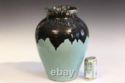 Zanesville Pottery Vintage Vase Arts & Crafts Hand Turned Aqua Drip #108 15x11