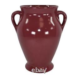 Zanesville Stoneware Pottery 1930s Vintage Arts And Crafts Maroon Handled Vase